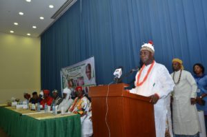 Oku Ibom Ibibio delivering goodwill message at the 11th National Development Summit of Traditional Rulers in Abuja