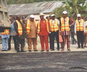 Chairman, AKROIMA, Prince Godwin Ntukudeh (middle) flanked by members of the board inspecting road projects handled by the agency recently.