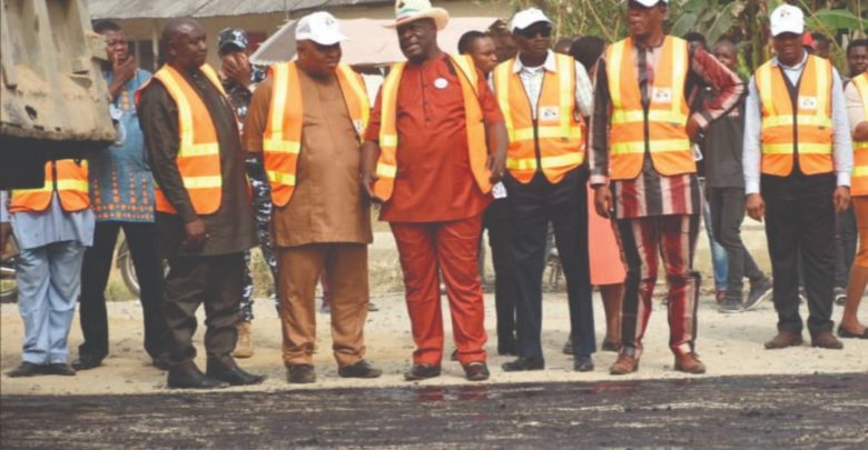 Chairman, AKROIMA, Prince Godwin Ntukudeh (middle) flanked by members of the board inspecting road projects handled by the agency recently.