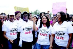 Her Excellency, wife of the governor, Dr (Mrs) Martha Udom Emmanuel (2nd right) with Dr Gloria Edet, commissioner for agriculture and women affairs (right), Princess Felicia Bassey, deputy speaker, Akwa Ibom State House of Assembly on a campaign against rape and violence against women, recently.